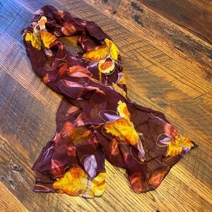 Russet Red and Gold Floral Print Silky Sheer Scarf